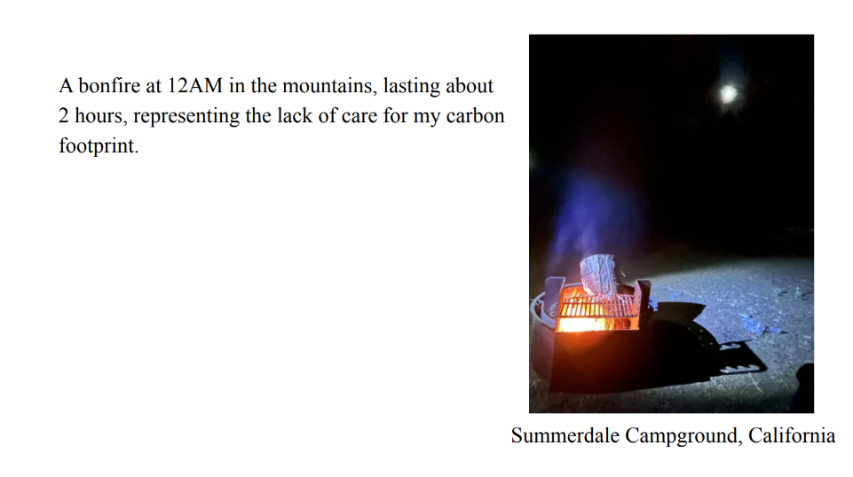 Photo of a bonfire at a campsite at night. Caption: Summerdale Campground, California. Text: A bonfire at 12AM in the mountains, lasting about 
2 hours, representing the lack of care for my carbon 
footprint.